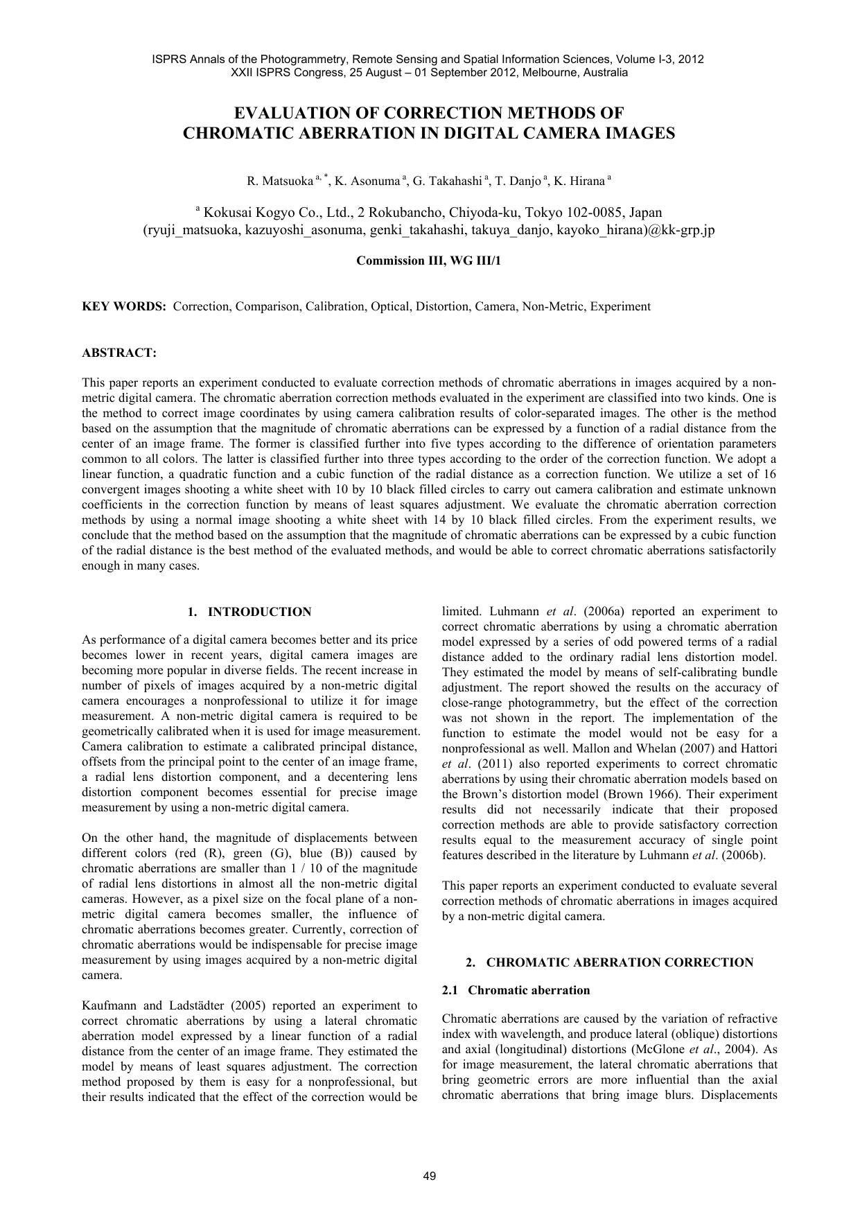 EVALUATION OF CORRECTION METHODS OFCHROMATIC ABERRATION IN DIGITAL CAMERA IMAGES