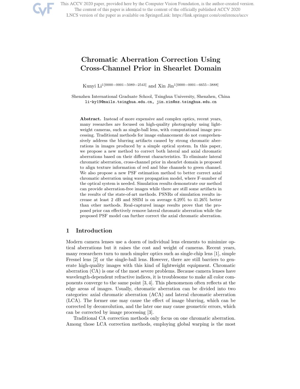 Chromatic Aberration Correction Using Cross-Channel Prior in Shearlet Domain