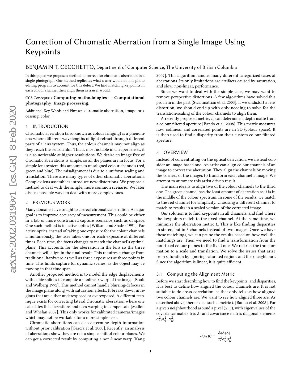 Correction of Chromatic Aberration from a Single Image Using Keypoints