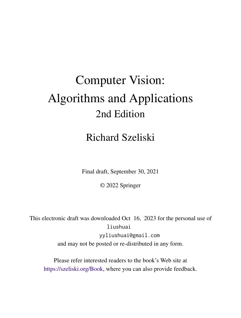 Computer Vision: Algorithms and Applications, 2nd Edition