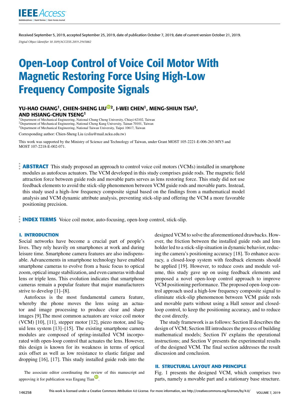 Open-Loop Control of Voice Coil Motor With Magnetic Restoring Force Using High-Low Frequency Composite Signals