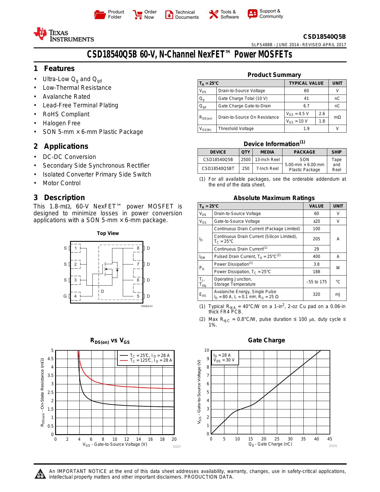 CSD18540Q5B 60-V, N-Channel